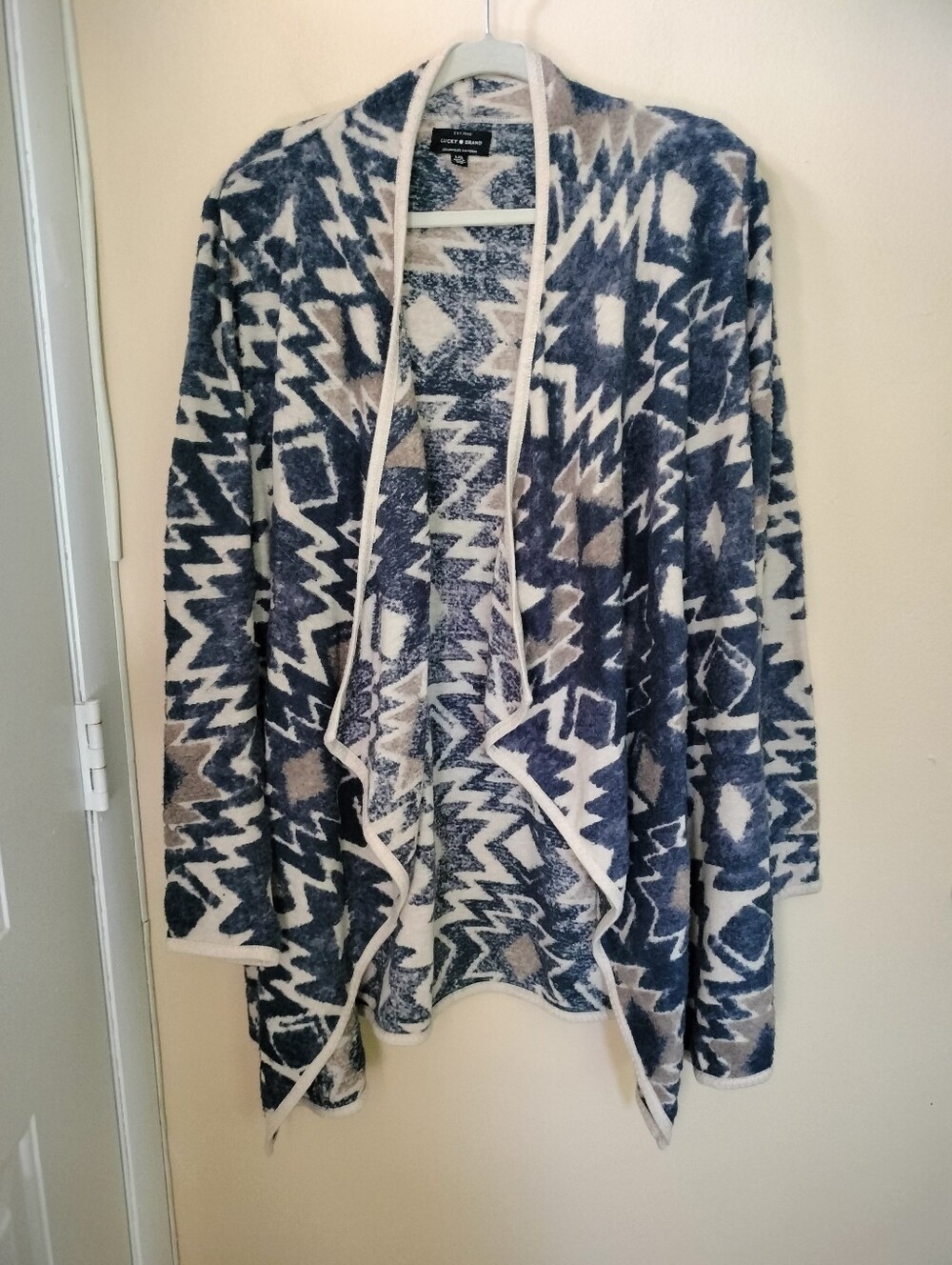 Lucky Brand Cotton Blend Blue Cream Southwestern Open-Front Cardigan Sweater L